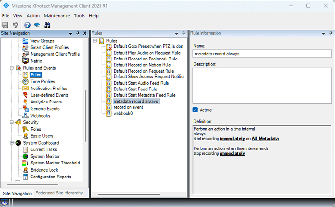 Milestone XProtect Management Client 2025 R1-Rule-MatadataRecordAlways-2025-03-03 10_58_31