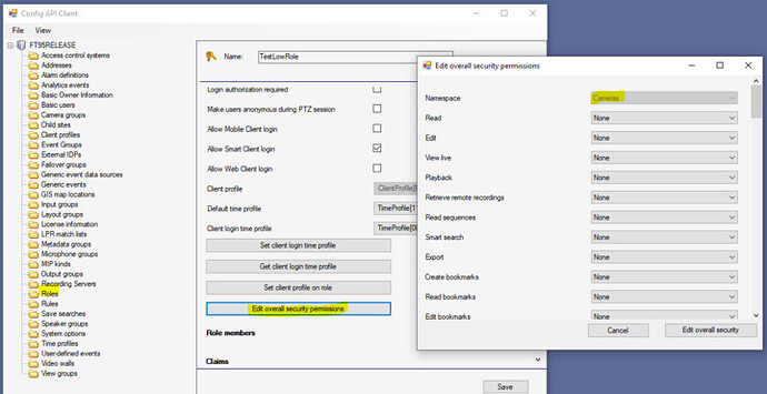 Config API Client - Roles - Overall security - camera permissions
