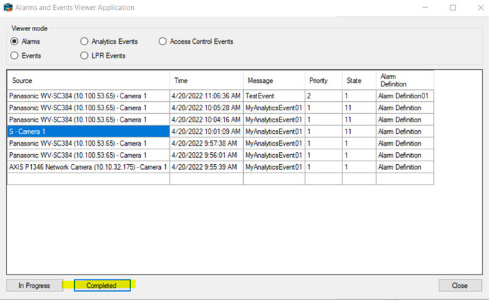 Alarm and Event Viewer status