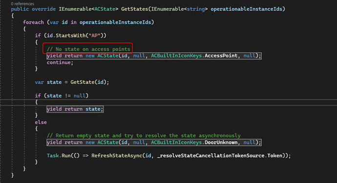 Screen capture of the "GetStates" function showing that the states of a door do not apply to access points
