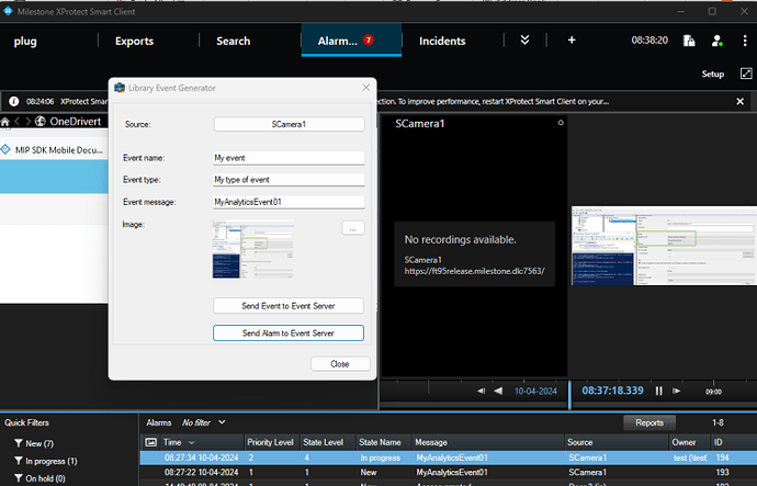 Milestone XProtect Smart Client showign an alarm with snapshot